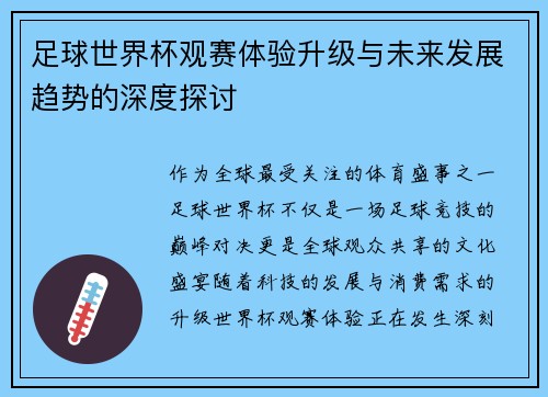 足球世界杯观赛体验升级与未来发展趋势的深度探讨